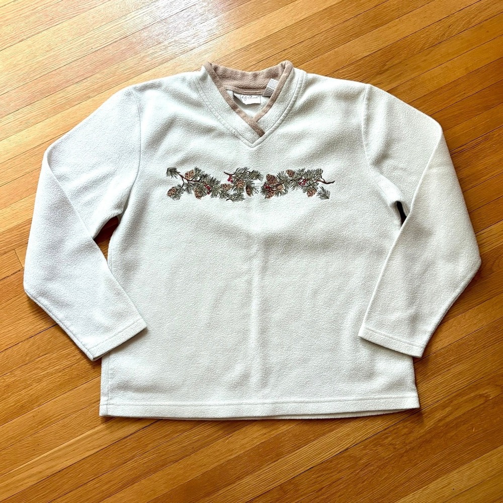 Vintage Nick & Sarah Cream Fleece Embroidered Winter Sweatshirt M Pine Cozy 90s
